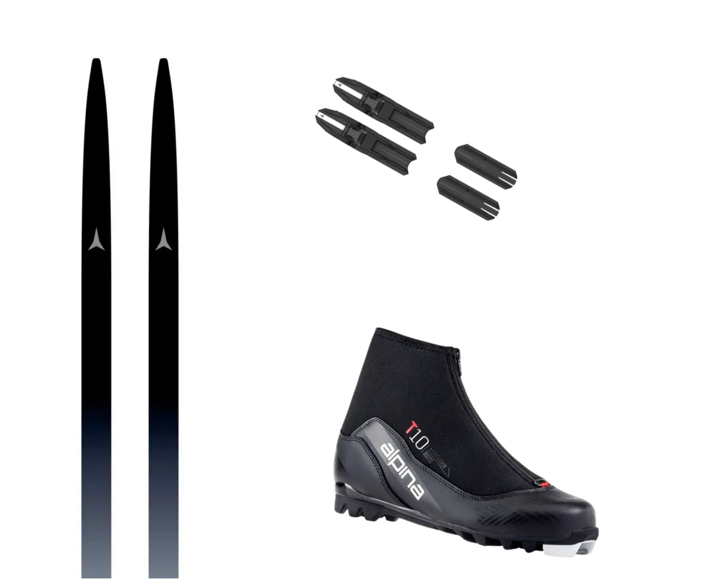 Atomic C3 Skin längdpaket featuring bindings and boots, showcasing skis with a sleek design and integrated accessories.
