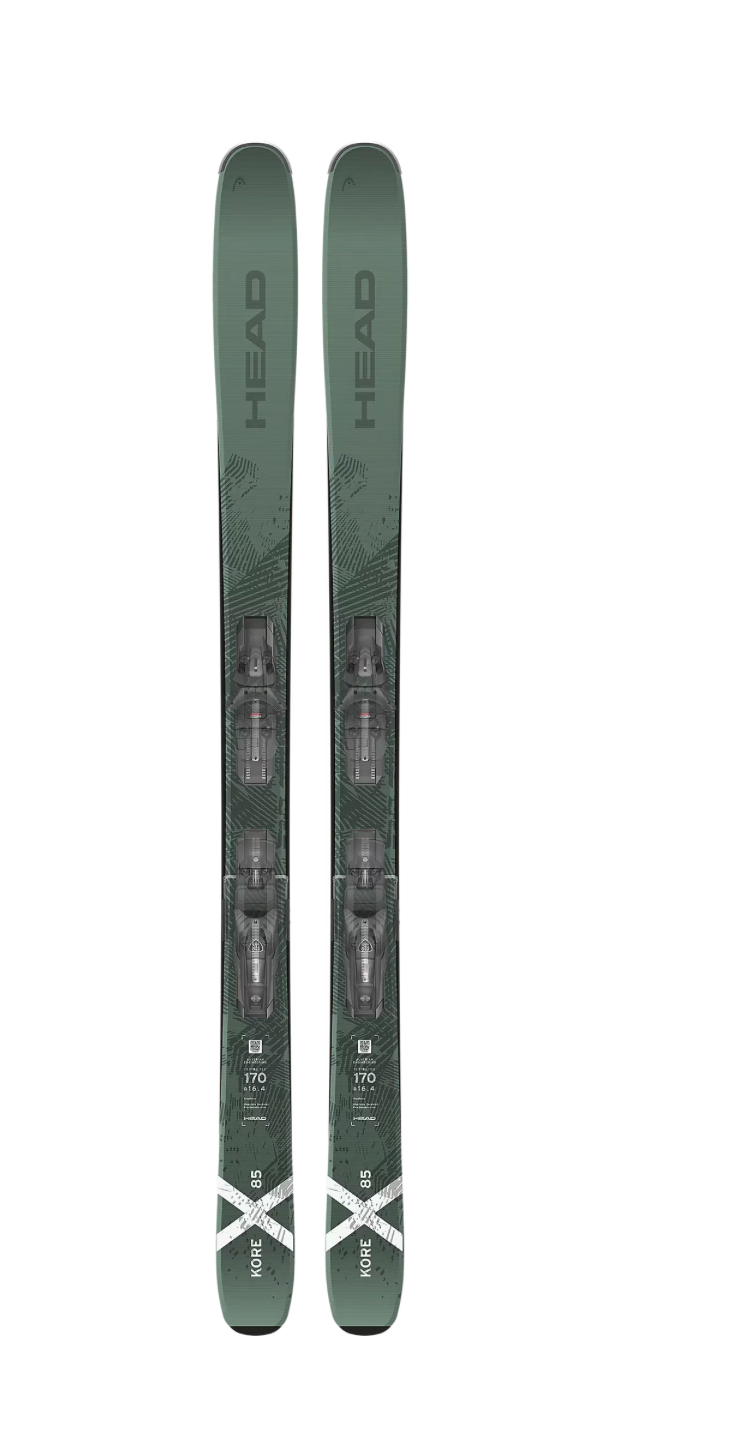 Head Kore X 85 all-mountain skis with bindings displayed on snow, showcasing their sleek design and performance features.