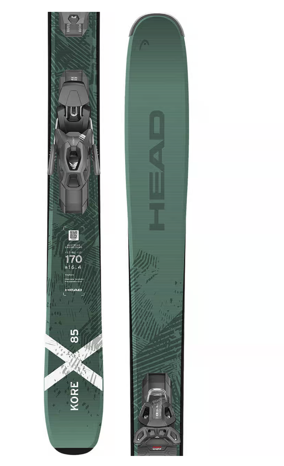 Head Kore X 85 all-mountain skis with bindings, showcasing a sleek design and durable construction for versatile performance.