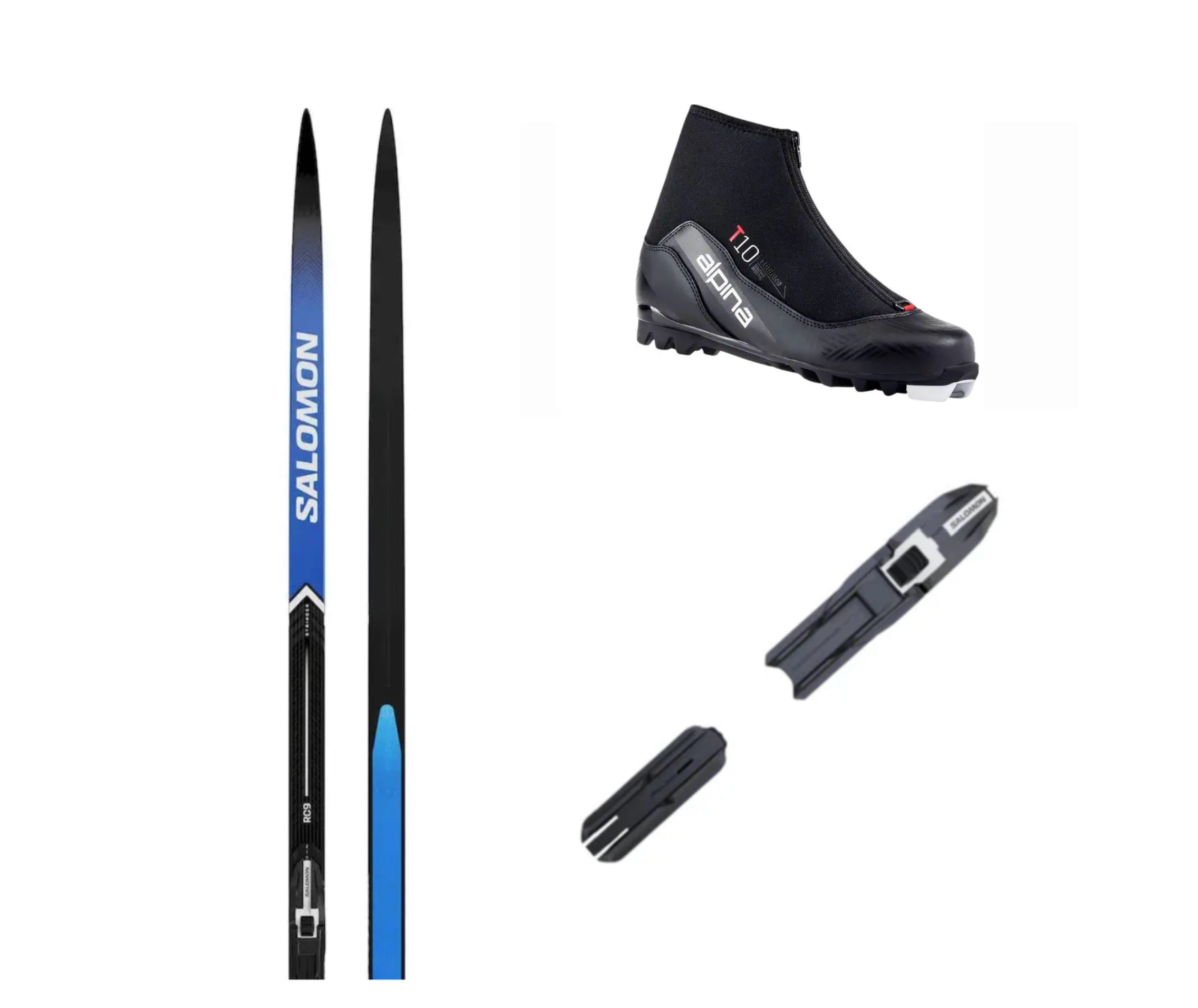 Salomon RC9 ESKIN längdpaket with bindings and boots, showcasing the sleek design and durable materials for cross-country skiing.