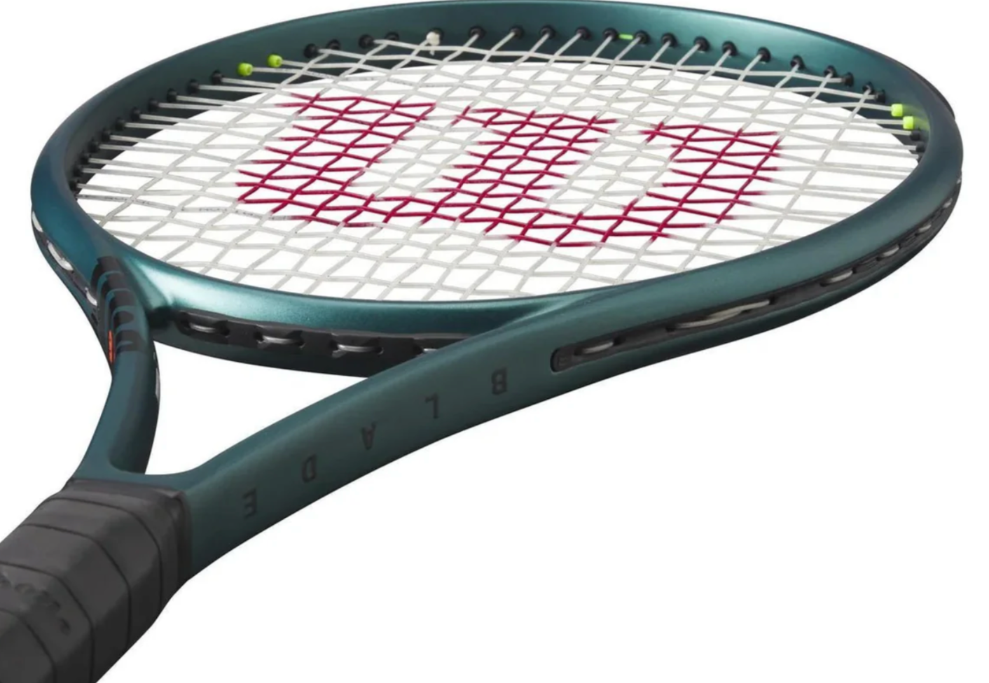 Wilson Blade 100L V10 tennis racket with a sleek design and vibrant green accents on a tennis court background.